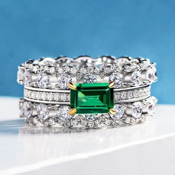 🔥 Noble Density Diamond Inlaid Luxury Emerald CZ Ring for Women, HA4406-6 - Picture 1 of 6